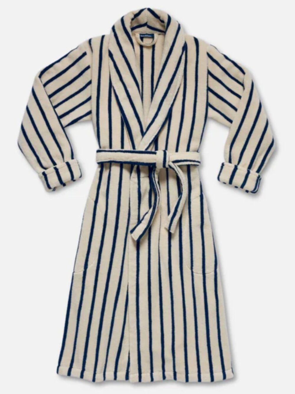 Brooklinen Super Plush Beige & Navy Striped Abyss Size Large Turkish Cotton Robe